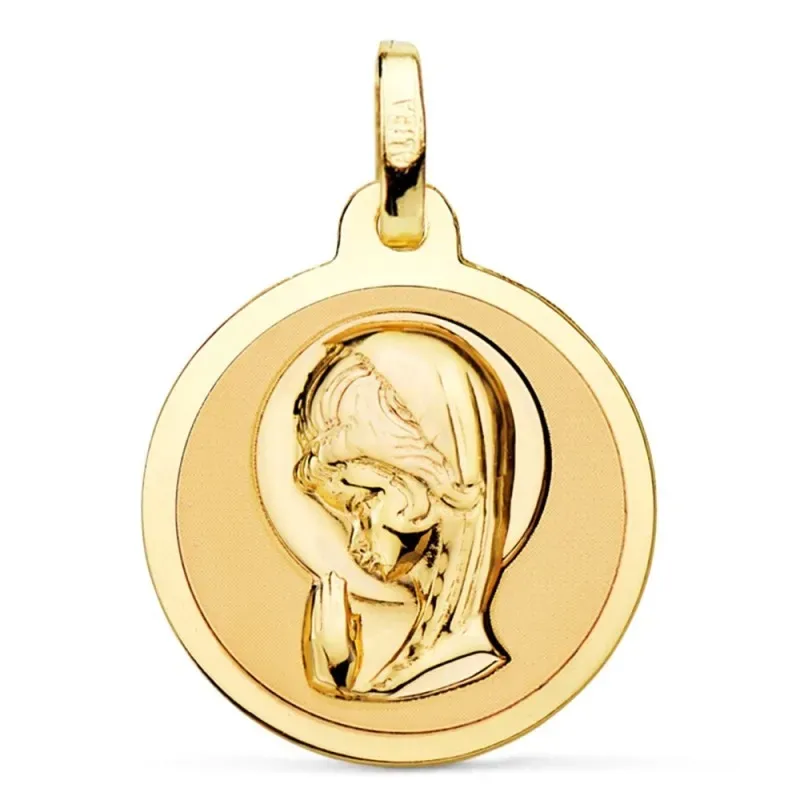 Medalla oro 18k Virgen Niña 18mm. relieve redonda lisa brillo mate
