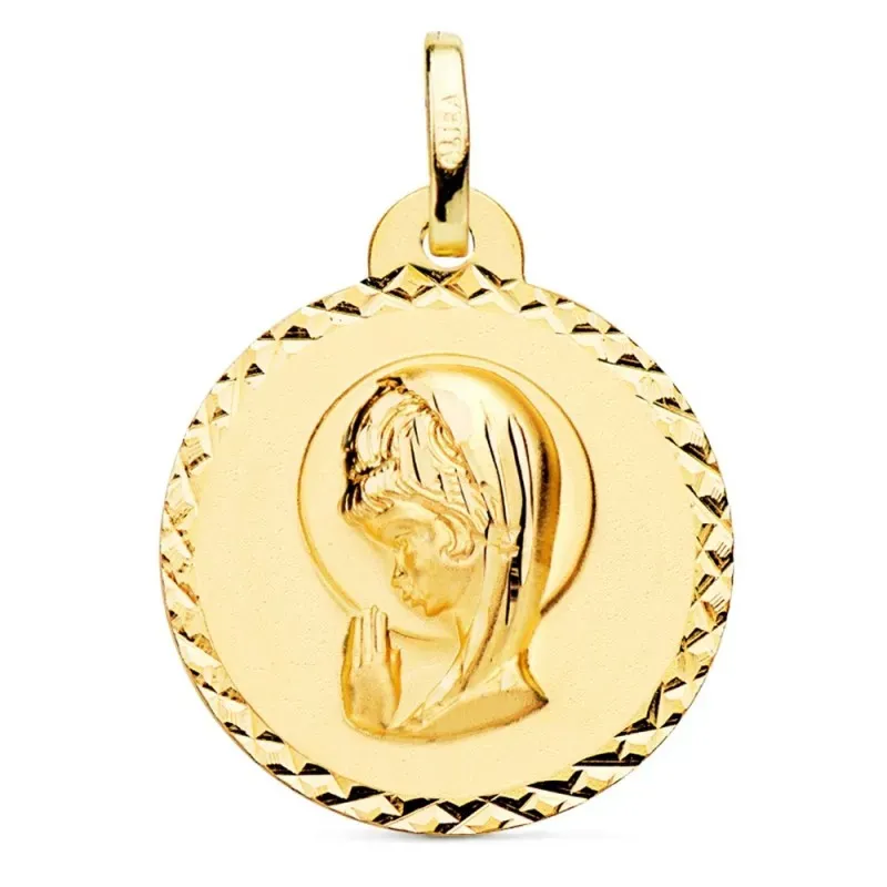 Medalla oro 18k Virgen Niña 20mm. lisa redonda detalle cerco talla cr