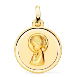 Medalla oro 18k Virgen Niña 16mm. redonda lisa detalle bisel