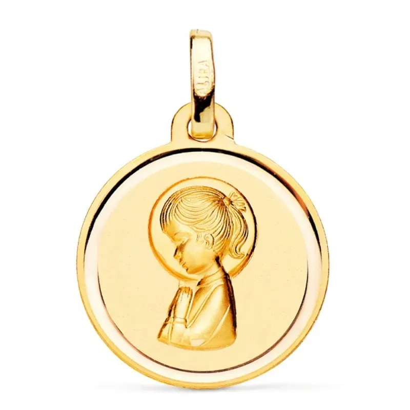 Medalla oro 18k Virgen Niña 16mm. redonda lisa detalle bisel