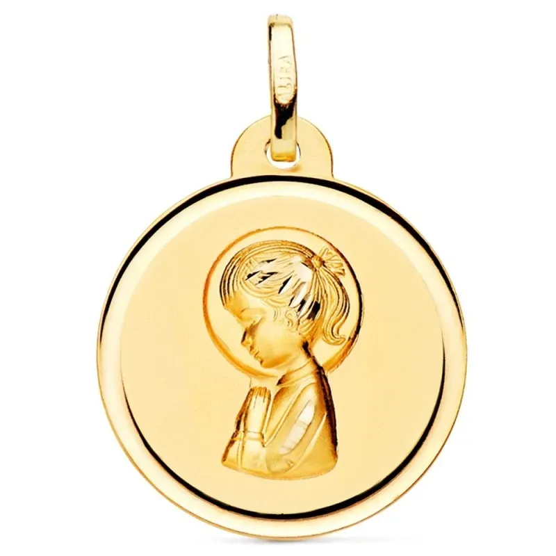 Medalla oro 18k Virgen Niña 20mm. redonda lisa detalle bisel