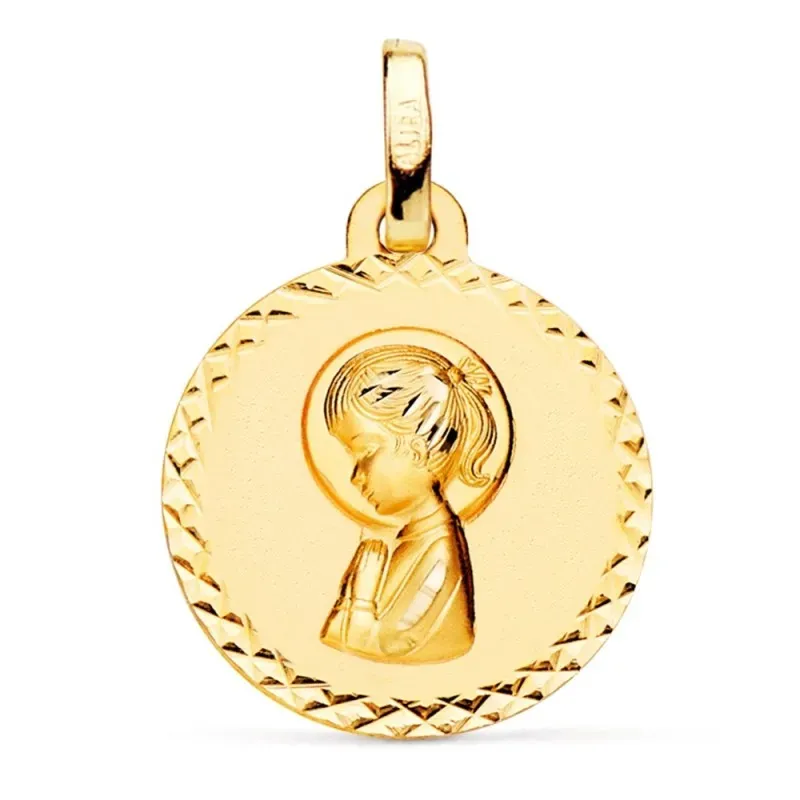 Medalla oro 18k Virgen Niña lisa redonda 16mm. detalle cerco talla cr