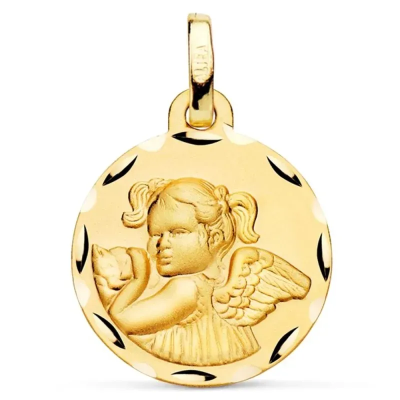 Medalla oro 18k Ángel Niña 16mm. detalle cerco tallado