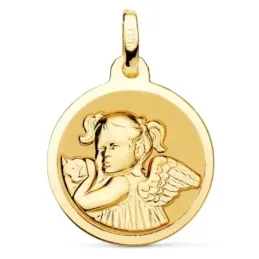 Medalla oro 18k Ángel Niña 18mm. relieve fondo liso redonda