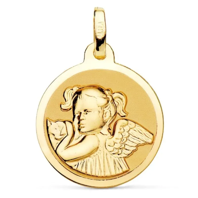Medalla oro 18k Ángel Niña 18mm. relieve fondo liso redonda