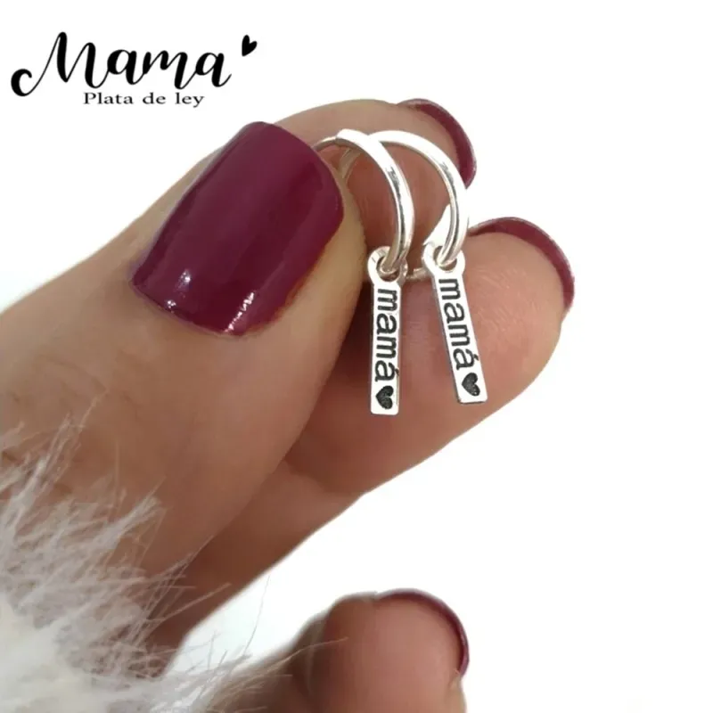 Pendientes plata Ley 925m aros 10mm. motivo barra 10mm. mensaje MAMÁ