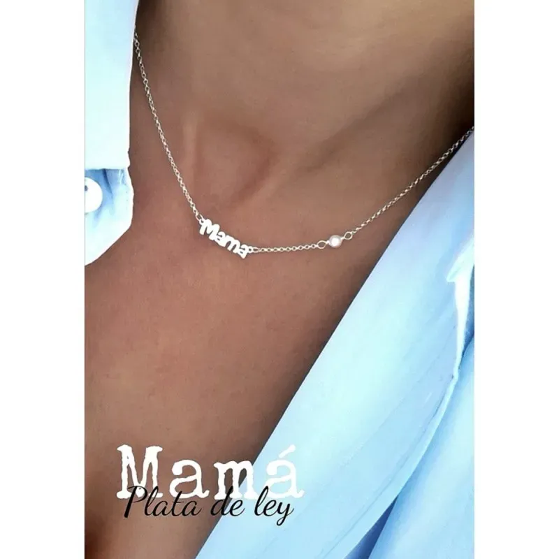Gargantilla plata Ley 925m cadena rolo 43cm. motivo MAMÁ 16mm. detall