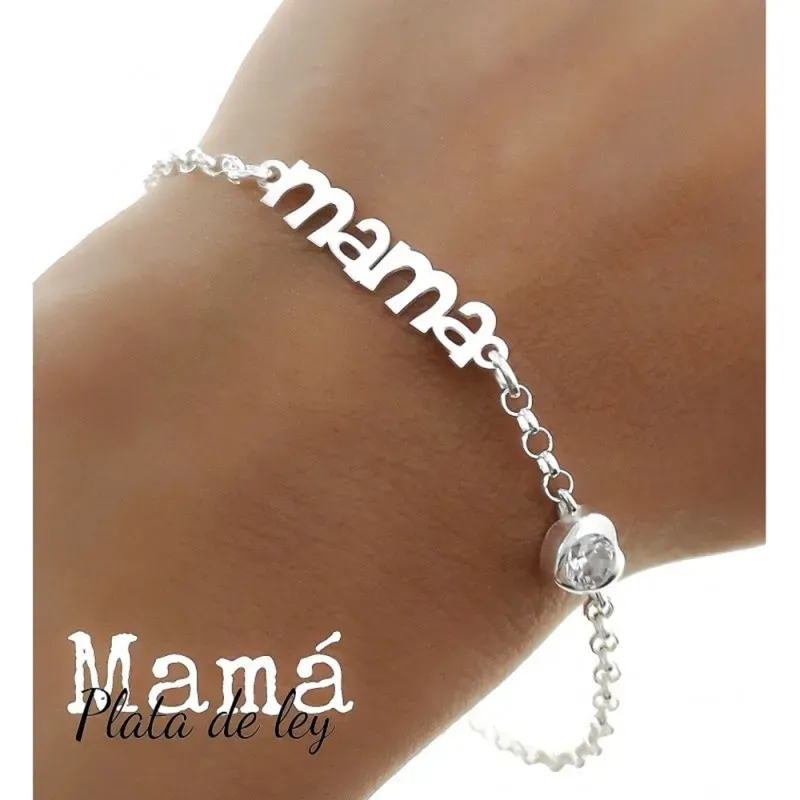 Pulsera plata Ley 925m cadena rolo 17cm. mensaje MAMÁ 25MM. motivo co