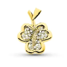 Colgante oro 18k forma trebol 27 mm. circonitas tres hojas Cristo en