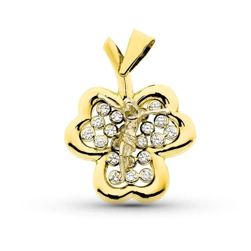 Colgante oro 18k forma trebol 27 mm. circonitas tres hojas Cristo en