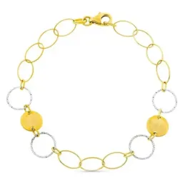 Pulsera oro bicolor 18k mujer 18 cm. combinada círculos calados lisos