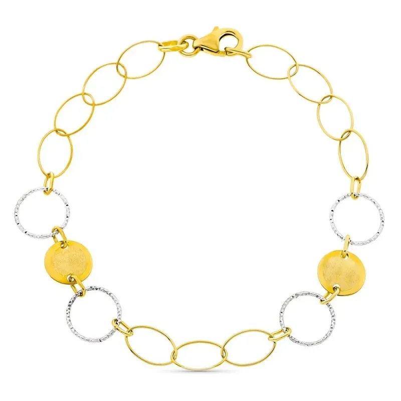 Pulsera oro bicolor 18k mujer 18 cm. combinada círculos calados lisos