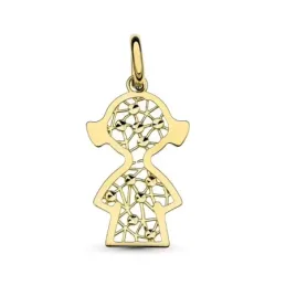Colgante oro 18k silueta 29 mm. niña coletas calado