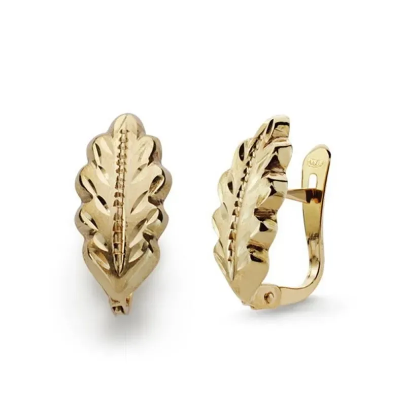 Pendientes oro 18k forma hoja 14 mm. lapidados cierre catalán