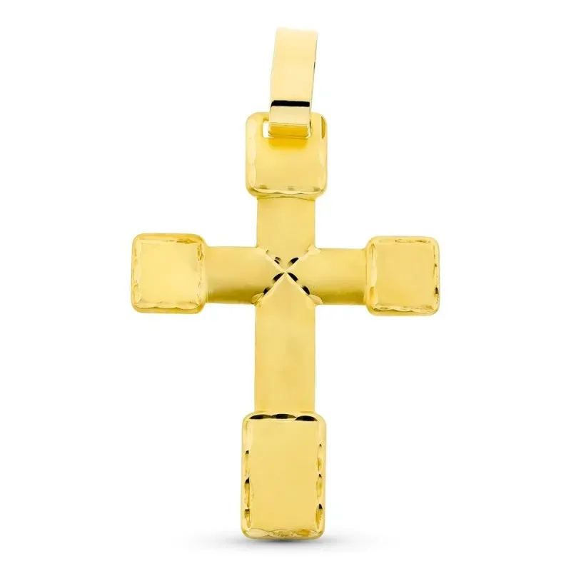Colgante cruz oro 18k unisex 44 mm. lisa detalles tallados centro y e