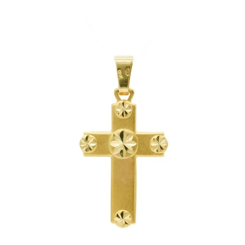 Colgante cruz oro 18k unisex 28 mm. lisa detalles estrellas talladas