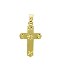 Colgante cruz oro 18k unisex 28 mm. lisa bordes planos detalles talla