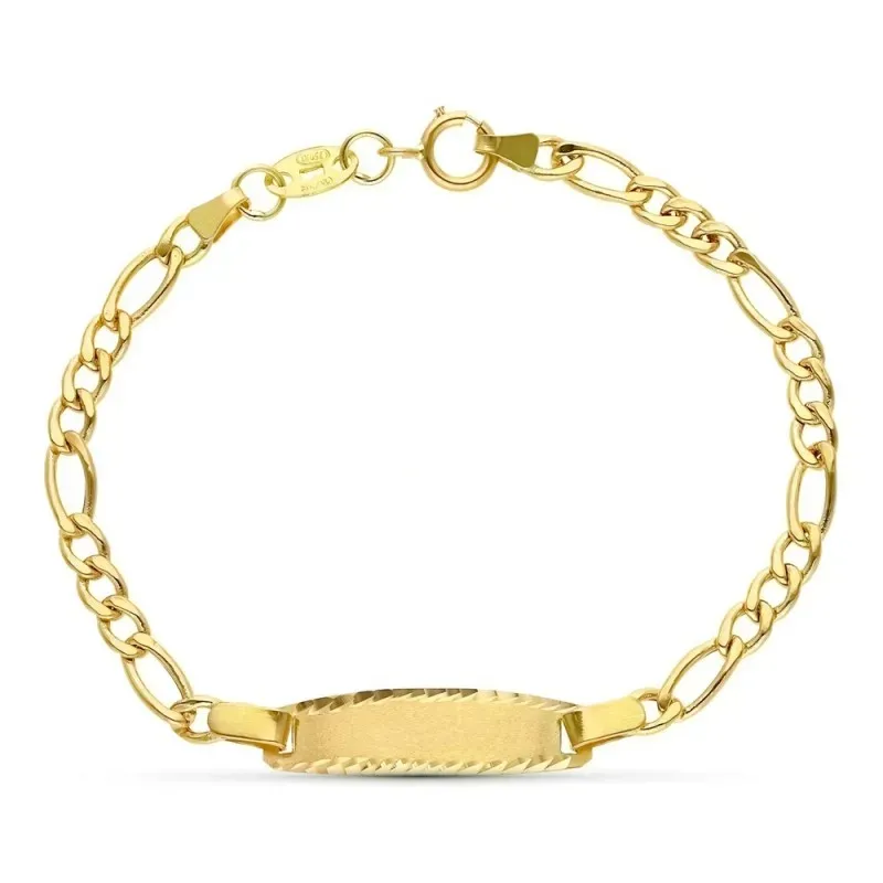 Esclava oro 18k bebé 13.5 cm. cadena eslabón 3x1 borde chapa tallado