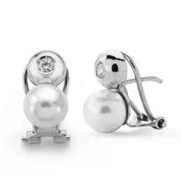 Pendientes oro blanco 18k 13 mm. chatón circonita perla cultivada 7 m