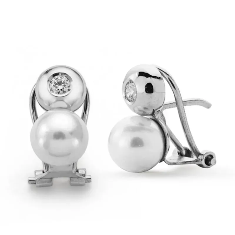 Pendientes oro blanco 18k 13 mm. chatón circonita perla cultivada 7 m