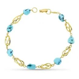 Pulsera oro 18k mujer 19 cm. jaula y turquesa reconstituida mosquetón