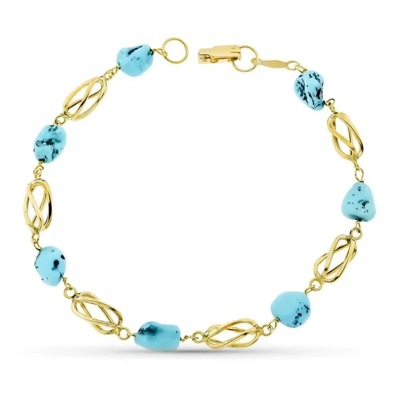 Pulsera oro 18k mujer 19 cm. jaula y turquesa reconstituida mosquetón