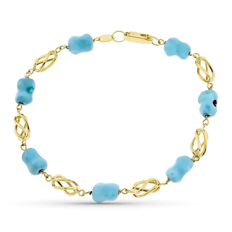 Pulsera oro 18k mujer 19 cm. jaula y turquesa reconstituida mosquetón