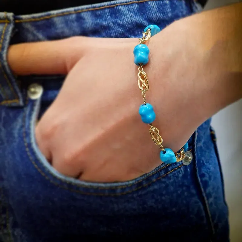 Pulsera oro 18k mujer 20 cm. jaula y turquesa reconstituida mosquetón