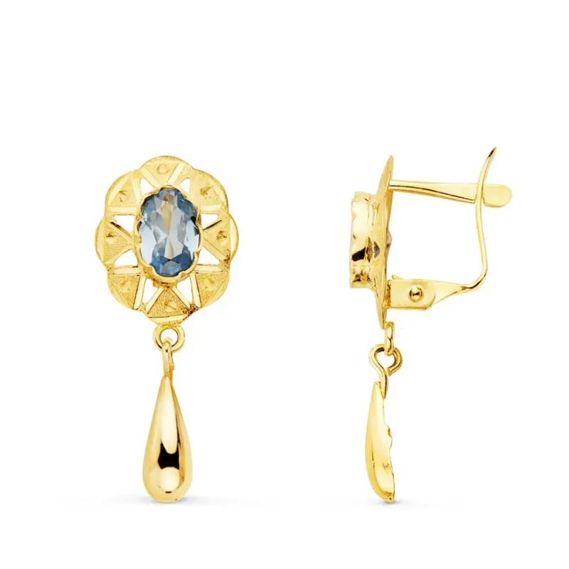 Pendientes oro 18k largos mujer 23 mm. cubanas forma lágrima con agua