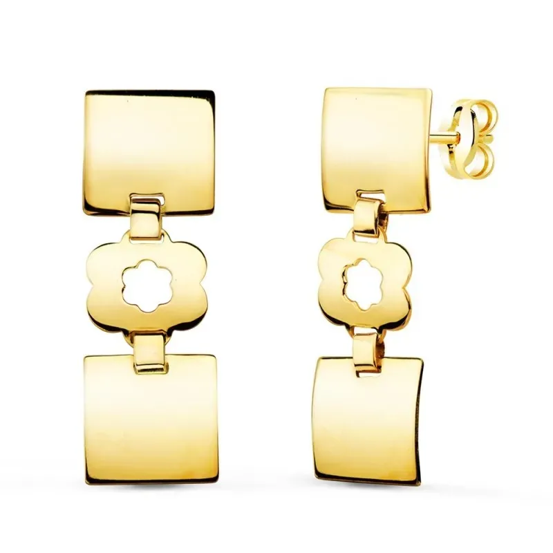 Pendientes oro 18k mujer 32 mm. tres cuerpos cuadrados flor calada pr