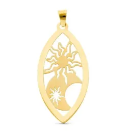 Colgante oro 18k mujer olvalado formas sol y luna calados mate y bril