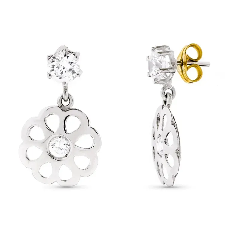 Pendientes oro bicolor 18k mujer 22 mm. circonitas forma flor calada
