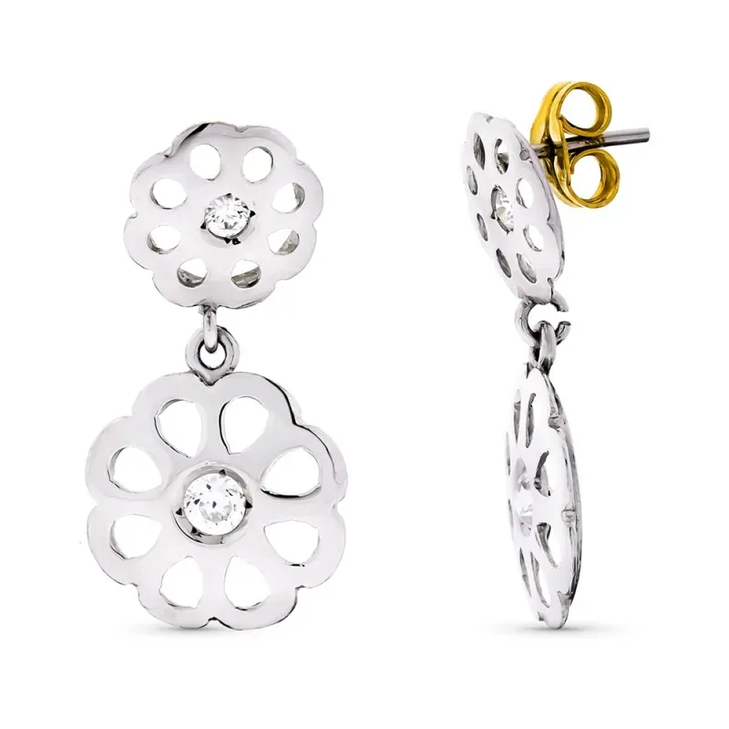 Pendientes oro bicolor 18k mujer 20 mm. circonitas forma flor calada