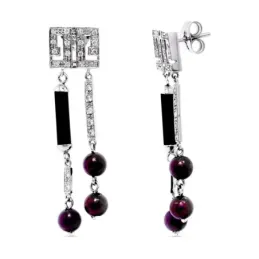 Pendientes oro blanco 18k 43 mm. mujer rectangular bolas moradas y ci