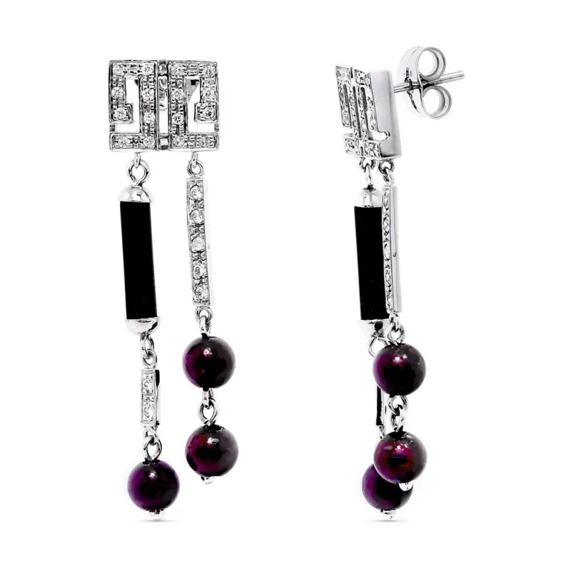 Pendientes oro blanco 18k 43 mm. mujer rectangular bolas moradas y ci