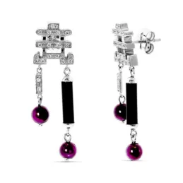 Pendientes oro blanco 18k mujer forma circonitas bolas moradas
