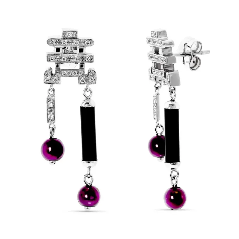 Pendientes oro blanco 18k mujer forma circonitas bolas moradas