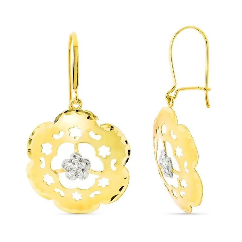 Pendientes oro bicolor 18k largos mujer circonita calados flor mate b