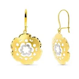 Pendientes oro bicolor 18k largos mujer circonita calados flor mate b