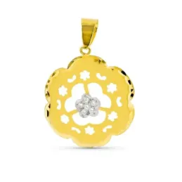 Colgante oro bicolor 18k mujer circonita 24 mm. calados flor mate bri