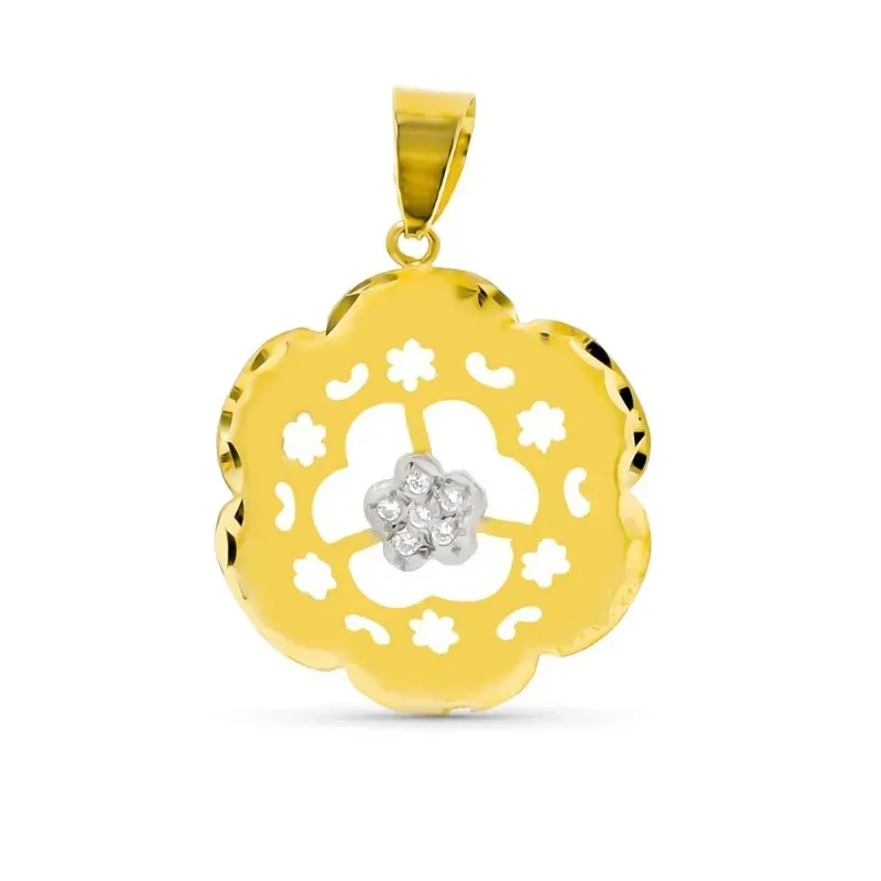 Colgante oro bicolor 18k mujer circonita 24 mm. calados flor mate bri
