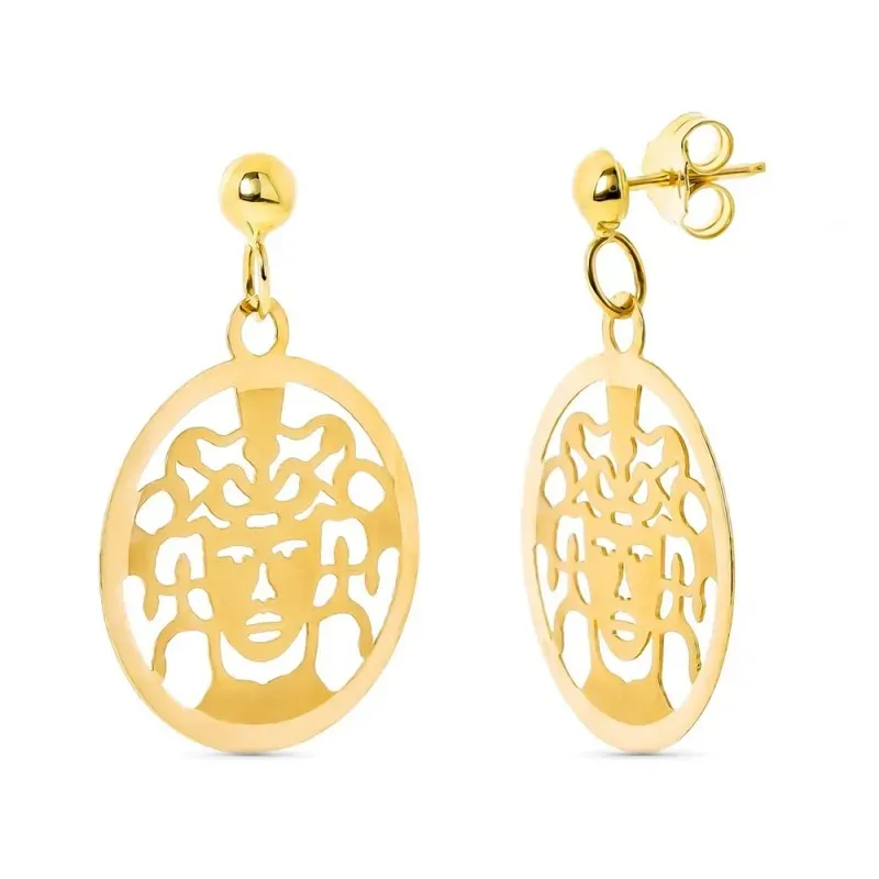 Pendientes oro 18k largos mujer calado medusa redondo presión