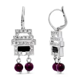 Pendientes oro blanco 18k largos 33 mm. mujer circonitas bolas morada