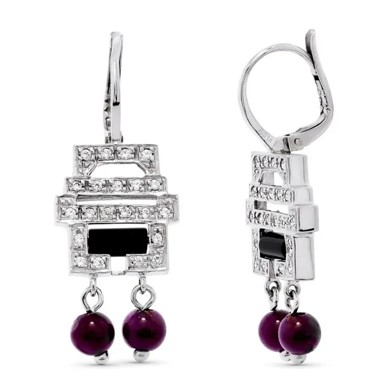 Pendientes oro blanco 18k largos 33 mm. mujer circonitas bolas morada