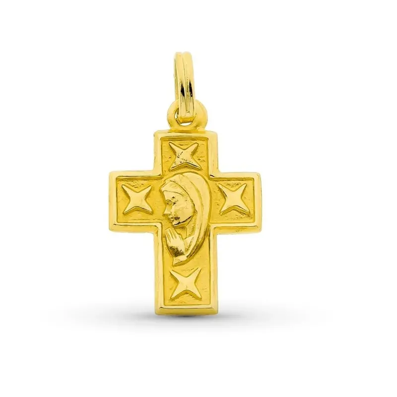 Colgante cruz oro 18k Virgen 23 mm. detalle centro estrellas
