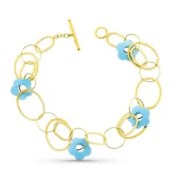 Pulsera oro 18k mujer circulos calados flor turquesa