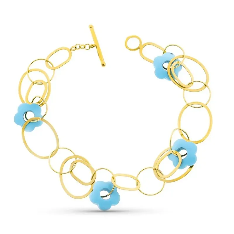 Pulsera oro 18k mujer circulos calados flor turquesa