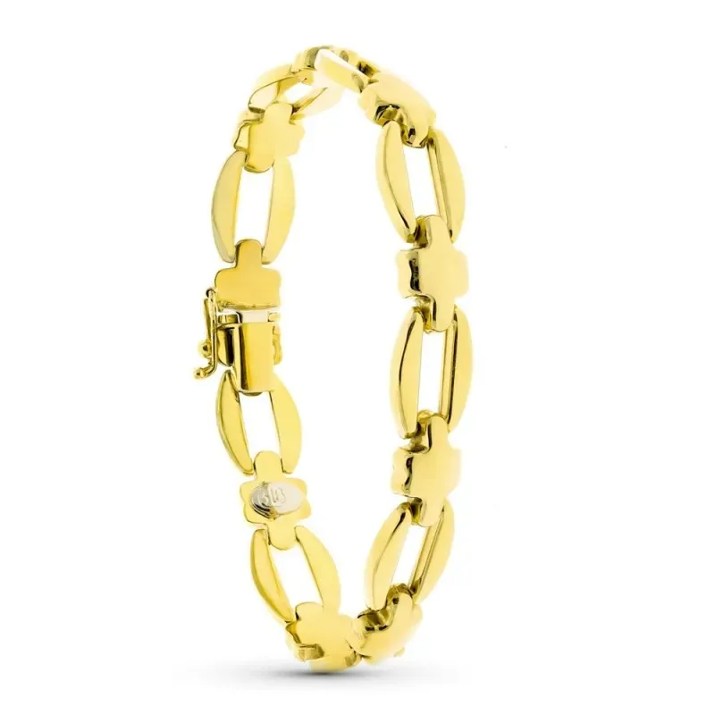 Pulsera oro 18k mujer eslabon calado ovalado cruz