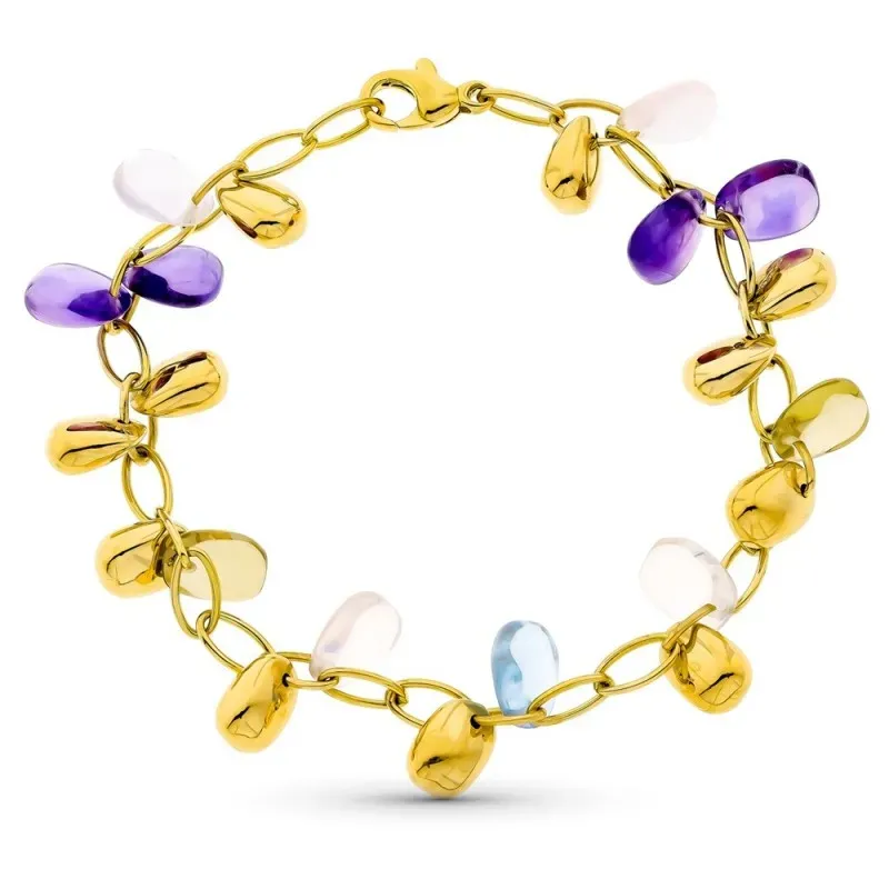 Pulsera oro 18k mujer forzada combinada piedras color colgantes mate
