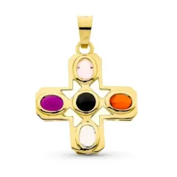 Colgante cruz oro 18k mujer 34 mm. calada piedras colores